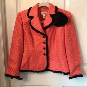 Talbots black and coral tweed jacket with flower pin